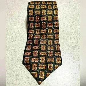 Robert Talbott Silk Necktie Green/Gold Square Print Handsewn